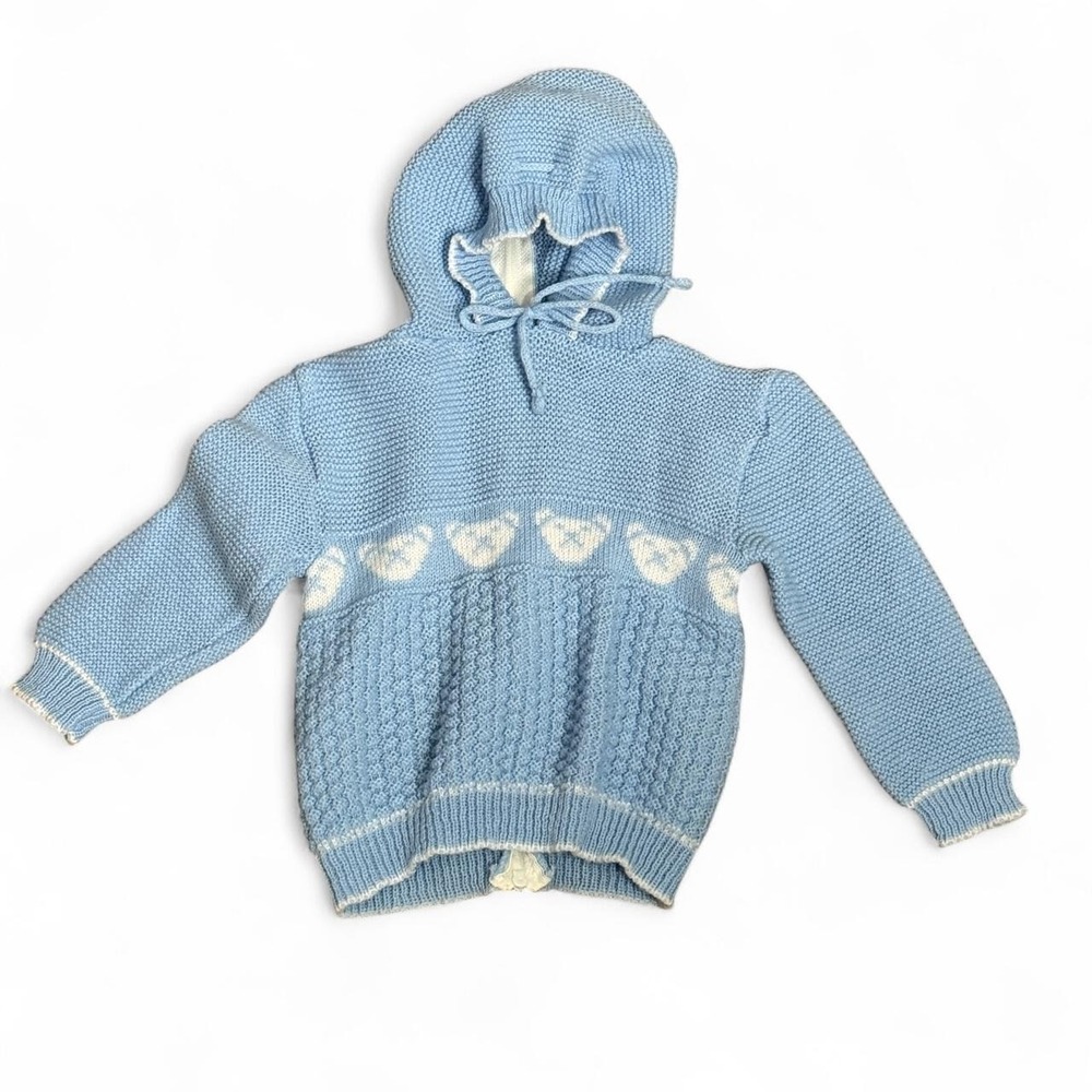 Vintage Sears Newborn 0-6M Sweater Blue Knit Teddy Bear Hooded Zip Cardigan